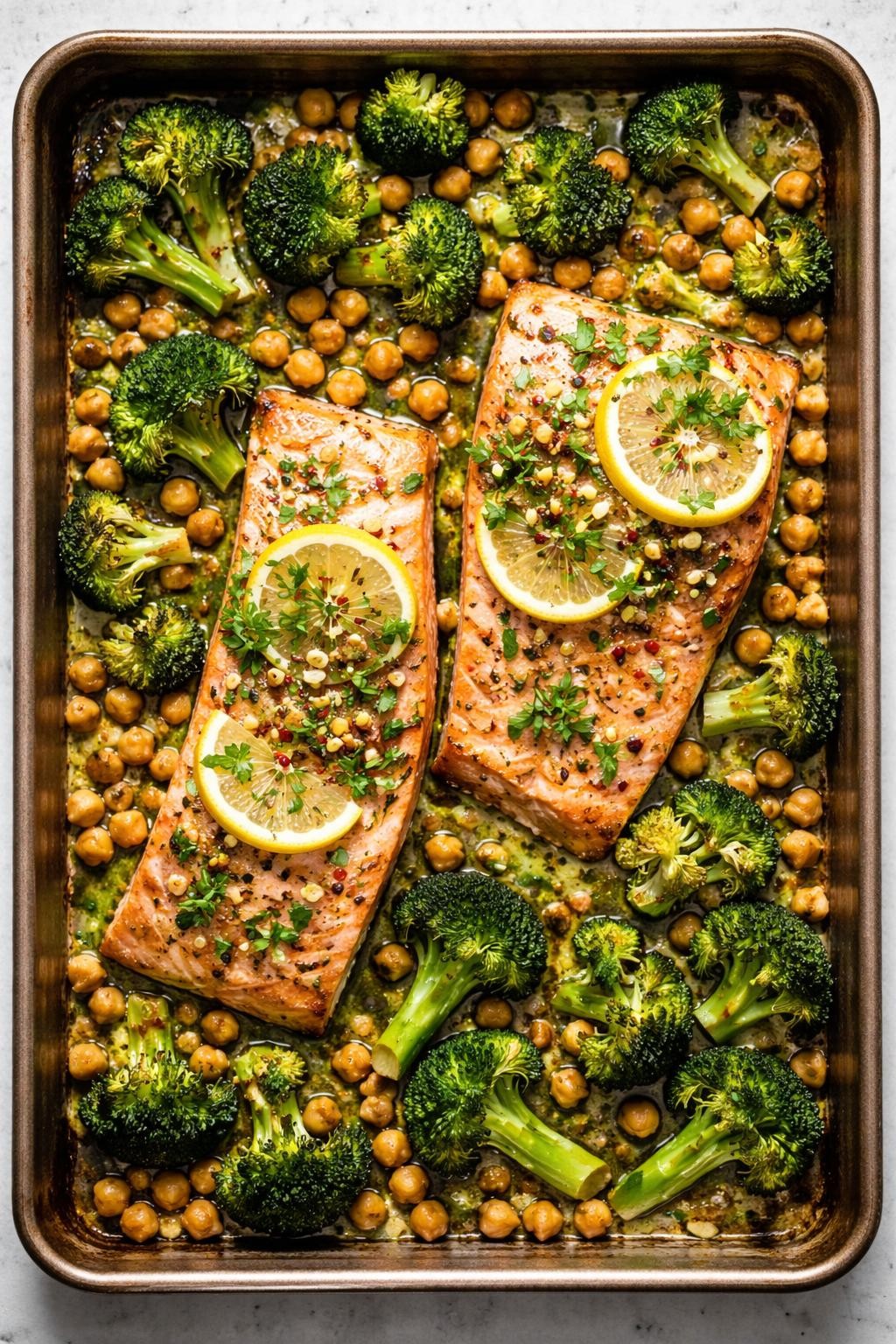 "Top-down realistic photo of a sheet pan with two salmon fillets, a can of chickpeas (drained), and broccoli florets, all roasted together with a lemon-garlic drizzle. Fresh parsley scattered on top. Soft natural light, omega-3 rich high-protein dinner, no people, no hands, no text, no watermarks."
