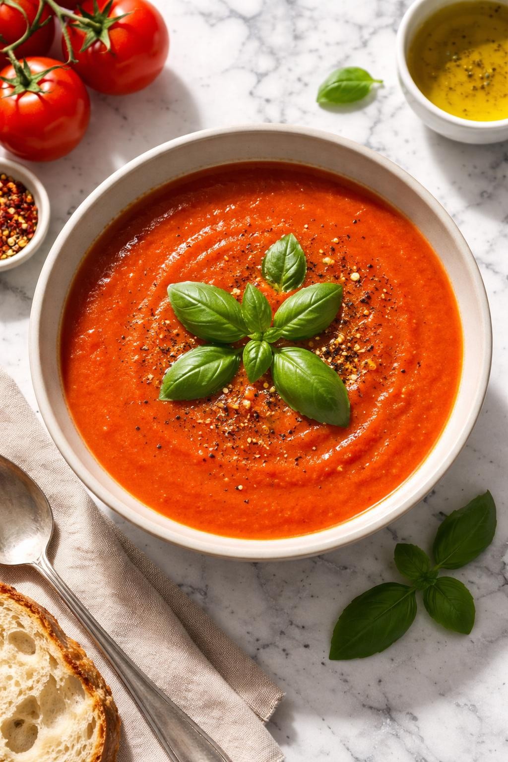 Image Prompt: Top-down realistic food photography of vegan tomato basil soup in a neutral bowl on a white and gray marble countertop, smooth deep red soup topped with fresh basil and black pepper, cozy homemade lunch styling, bright natural light, soft shadows, clean editorial composition, high detail, realistic texture, no people, no hands, no text, no watermarks, no props with writing.