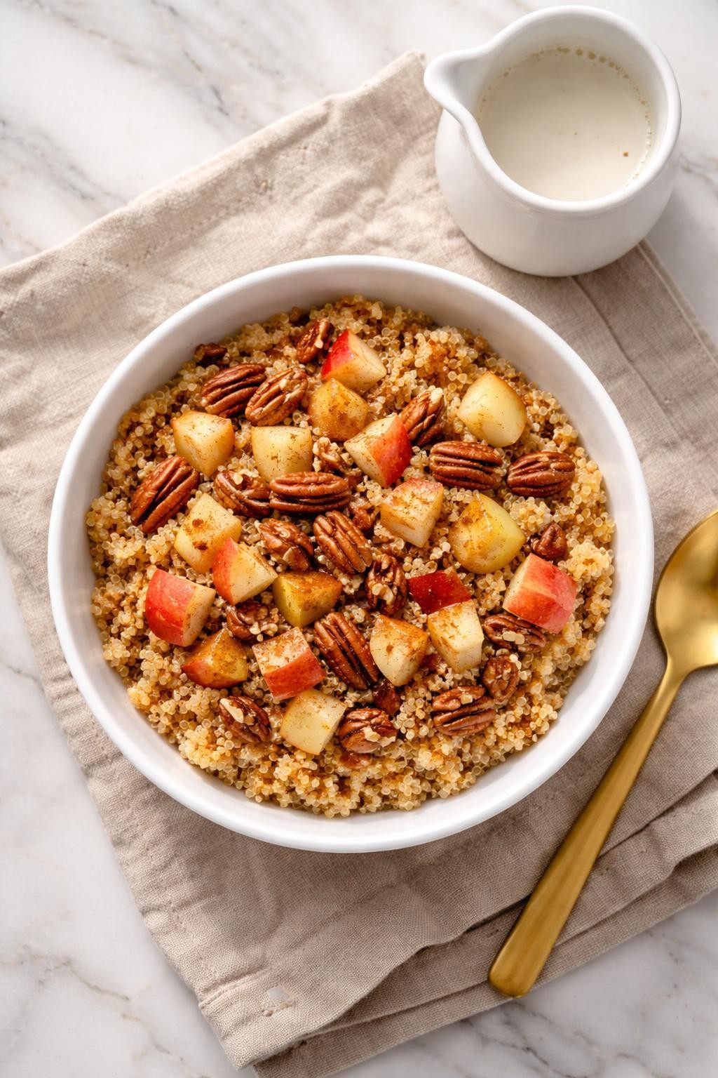 "Top-down realistic photo of a white bowl filled with warm quinoa, topped with diced honeycrisp apples, toasted pecans, a drizzle of maple syrup, and a sprinkle of cinnamon. A small pitcher of almond milk on the side. Soft morning light, gluten-free and protein-rich prep, no people, no hands, no text, no watermarks."