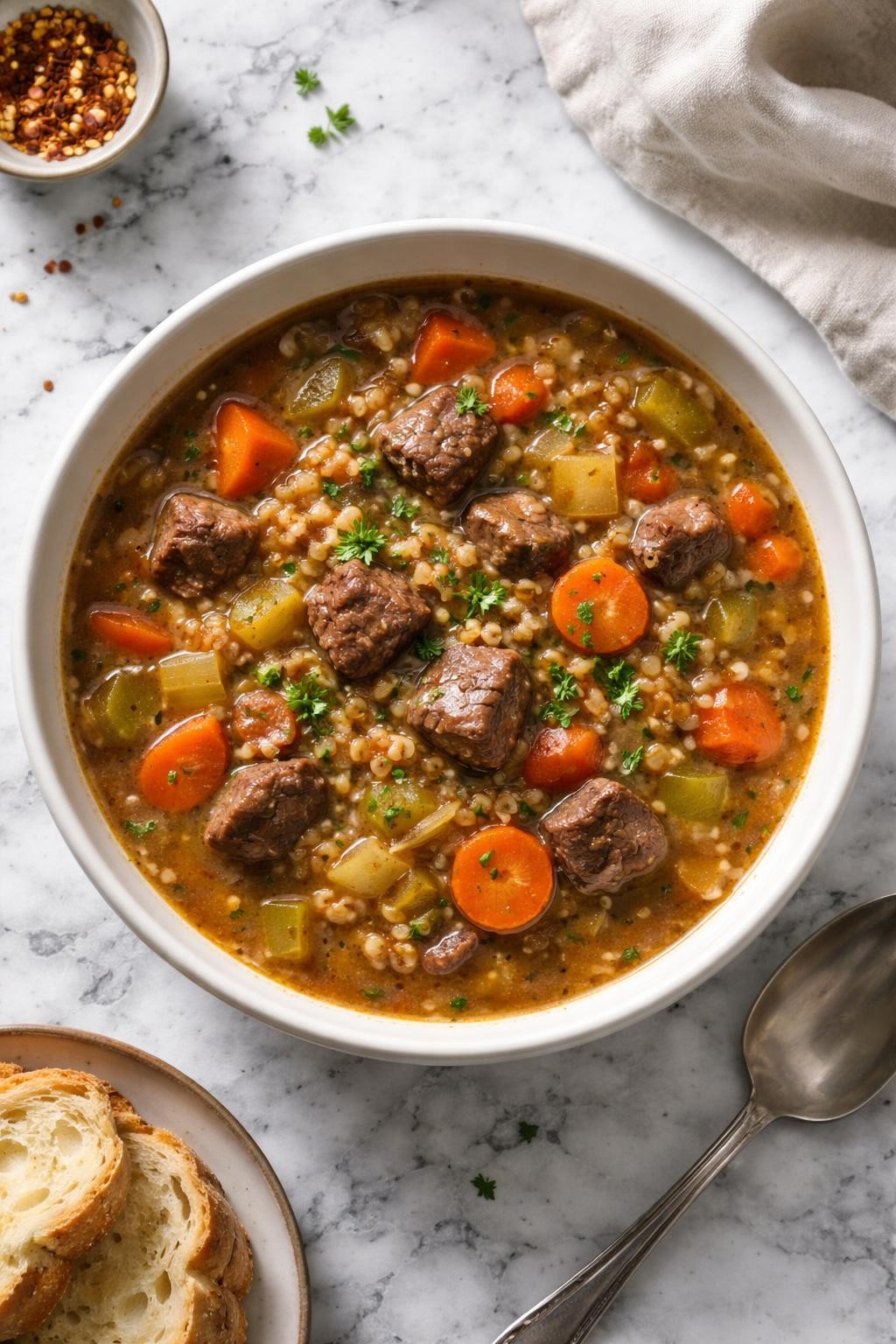 Image Prompt: Top-down realistic editorial food photography of vegetable beef barley soup in a deep bowl on a clean white and gray marble countertop, savory broth with tender beef, barley, carrots, celery, onions, and herbs, hearty homemade dinner styling, bright natural light, soft shadows, high detail, no people, no hands, no text, no watermarks, no props with writing.