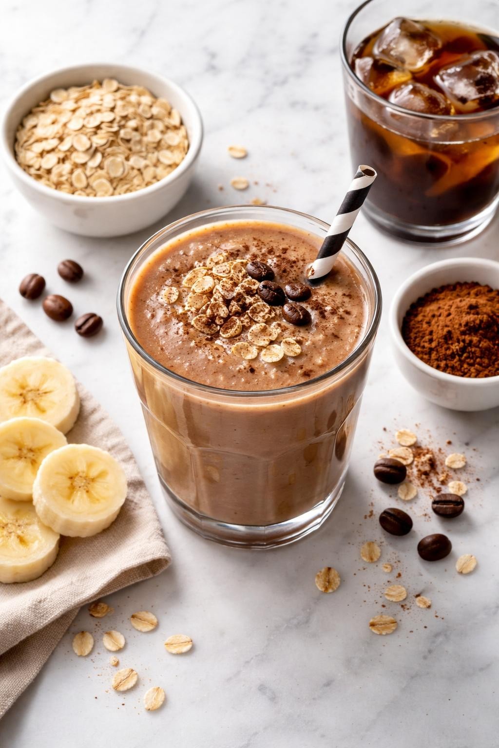 Realistic top-down editorial food photography of a mocha oat coffee smoothie served in a clear glass on a clean white marble countertop. The smoothie is rich mocha brown, thick, creamy, and smooth, styled with rolled oats, cocoa powder in a plain bowl, cold coffee, banana slices, and a few coffee beans nearby. Natural window lighting, clean breakfast coffee styling, high detail, realistic smoothie texture, no people, no hands, no text, no watermarks, no props with writing.