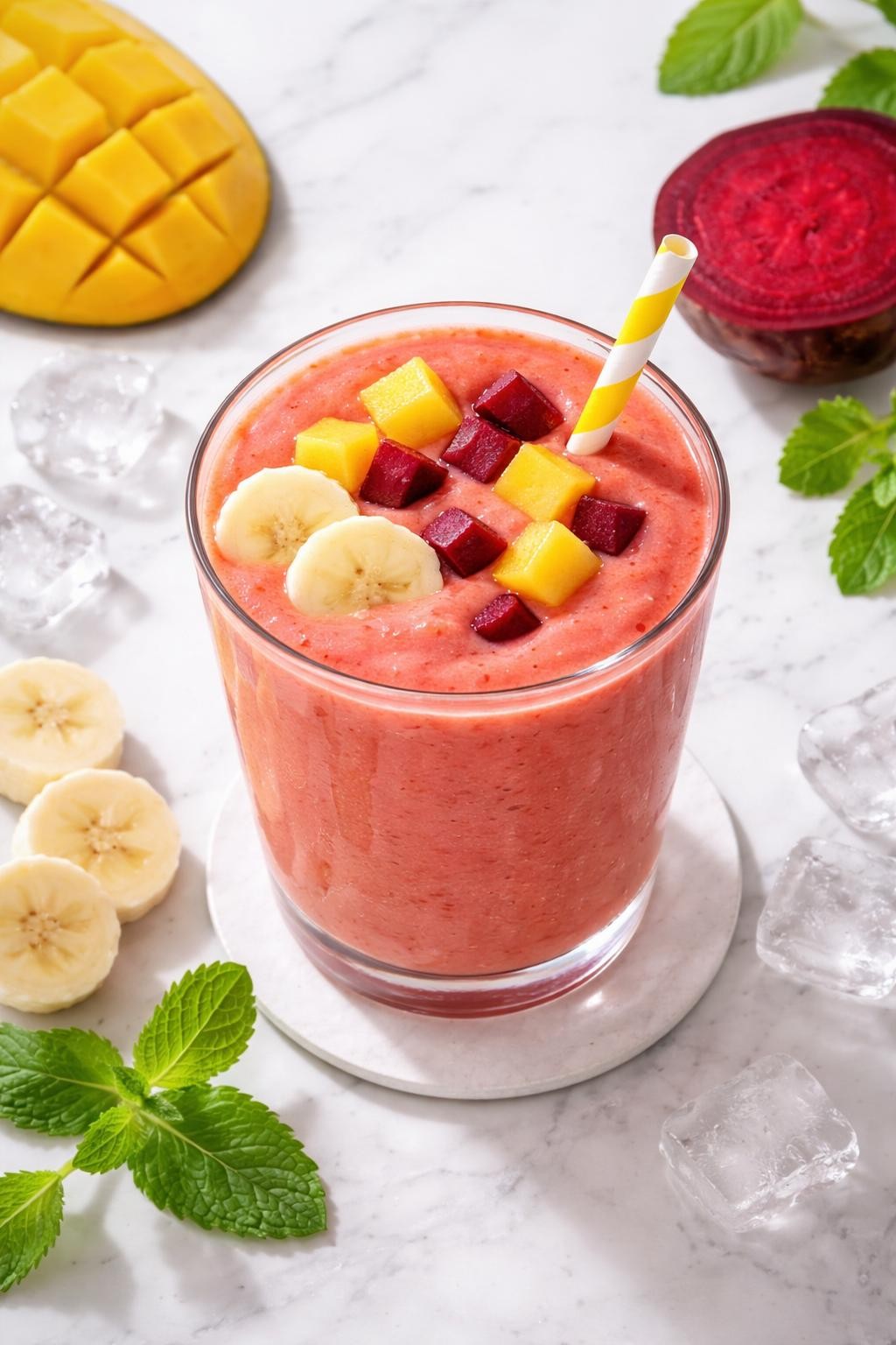 Realistic top-down editorial food photography of a beet mango smoothie in a clear glass on a clean white marble countertop. The smoothie is deep coral-pink, thick, smooth, and creamy, styled with mango cubes, beet cubes, banana rounds, and a few ice cubes nearby. Bright natural light, clean tropical breakfast styling, high detail, realistic smoothie texture, no people, no hands, no text, no watermarks, no props with writing.