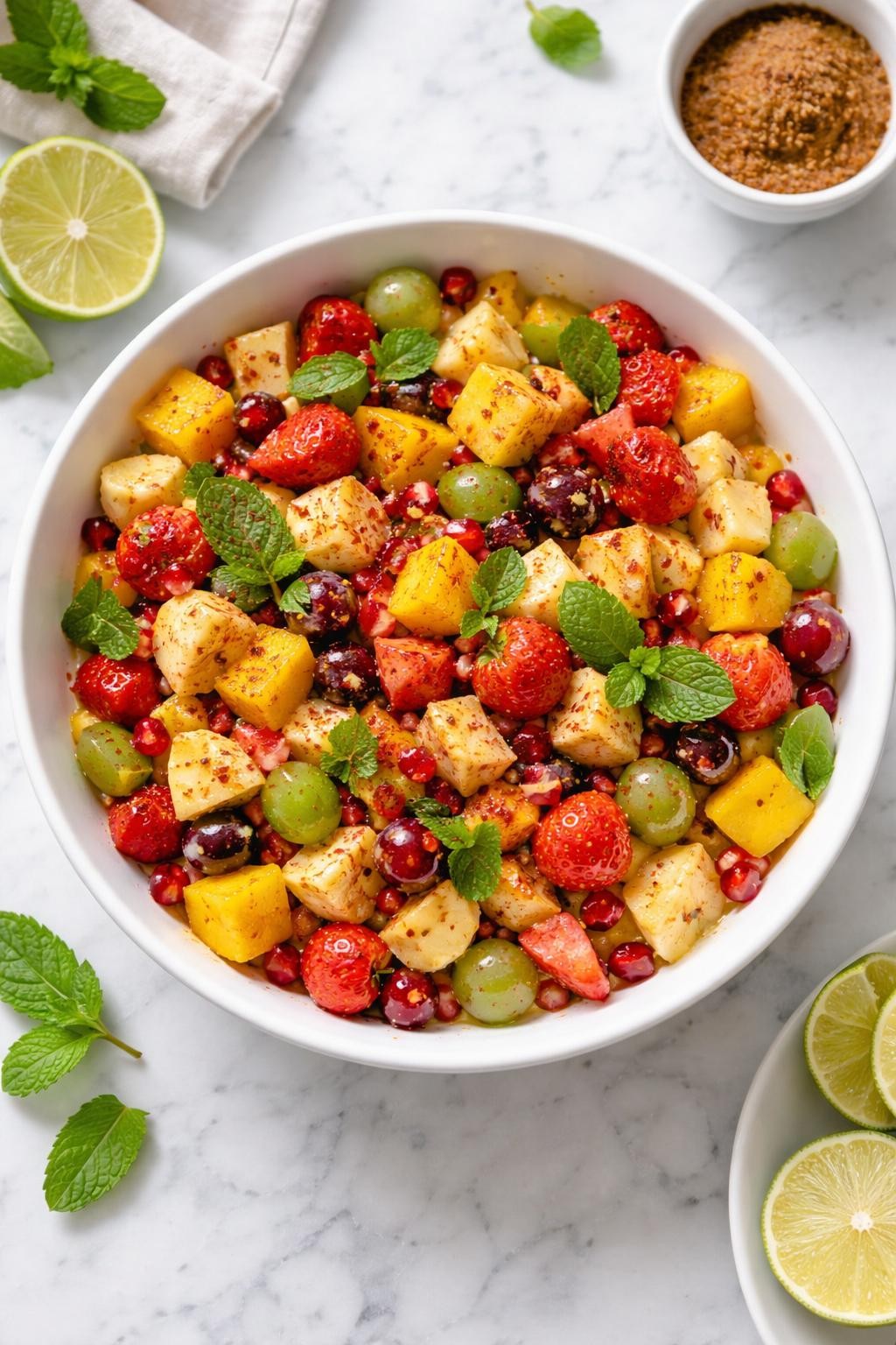 Image Prompt: Top-down realistic food photography of Indian fruit chaat in a bright white bowl on a clean marble countertop, mixed fruit cubes tossed with chaat masala, lemon juice, and fresh mint, colorful homemade Indian salad styling, bright natural daylight, clean editorial composition, high detail, no people, no hands, no text, no watermarks, no props with writing.