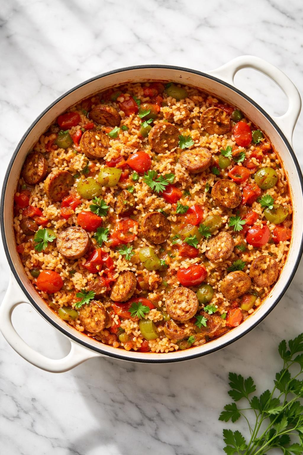 Image Prompt: Top-down realistic food photography of one-pot vegan jambalaya on a clean marble countertop, fluffy rice cooked with peppers, celery, tomatoes, sausage-style vegan pieces, and bold spices, colorful homemade comfort food styling, bright natural window lighting, soft shadows, high detail, no people, no hands, no text, no watermarks, no props with writing.