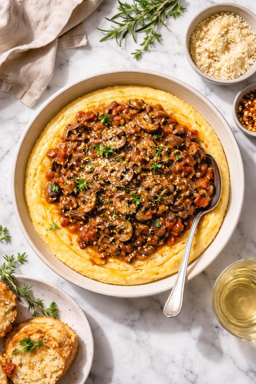 Image Prompt: Top-down realistic editorial food photography of vegan polenta with mushroom ragu on a bright white marble countertop, creamy polenta topped with rich mushroom tomato ragu and herbs, festive homemade Thanksgiving main dish styling, bright natural light, soft shadows, high detail, no people, no hands, no text, no watermarks, no props with writing.