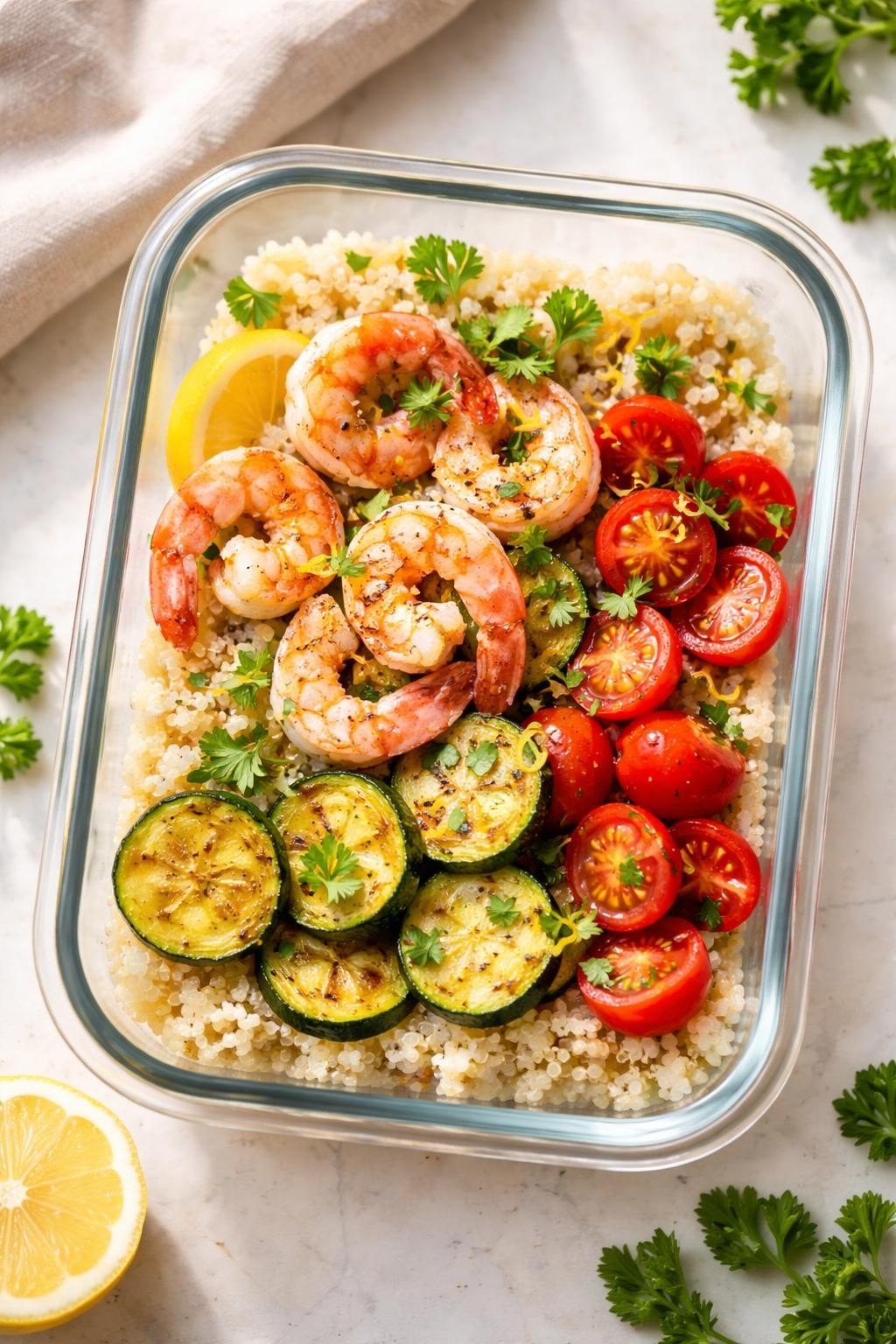 "Realistic overhead photo of a glass meal prep bowl filled with fluffy white quinoa, topped with pink curled shrimp, roasted zucchini rounds, and cherry tomato halves, with fresh parsley and lemon zest sprinkled on top. Soft window light, fresh Mediterranean prep vibe, no people, no hands, no text, no watermarks."