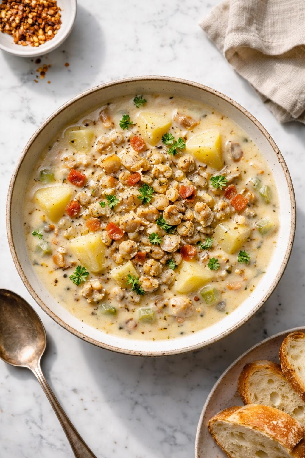 Prompt: Top-down realistic editorial food photography of a bowl of rustic clam potato chowder on a clean light marble countertop, chunky creamy chowder filled with chopped clams, large tender potato pieces, onion, celery, and herbs in a thick pale broth, simple neutral bowl with a homemade rustic look, warm hearty comfort food mood, bright natural daylight, soft shadows, clean composition, high detail, realistic food texture, no people, no hands, no text, no watermarks, no props with writing.