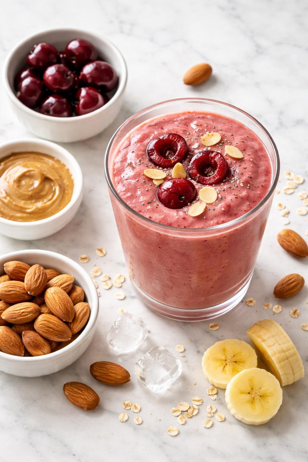 Realistic top-down editorial food photography of a cherry almond smoothie served in a clear glass on a clean white marble countertop. The smoothie is deep rosy pink, thick, creamy, and smooth, styled with pitted cherries, almond butter in a plain dish, whole almonds, banana rounds, and a few ice cubes nearby. Soft natural window lighting, clean nutty smoothie styling, high detail, realistic creamy texture, no people, no hands, no text, no watermarks, no props with writing.