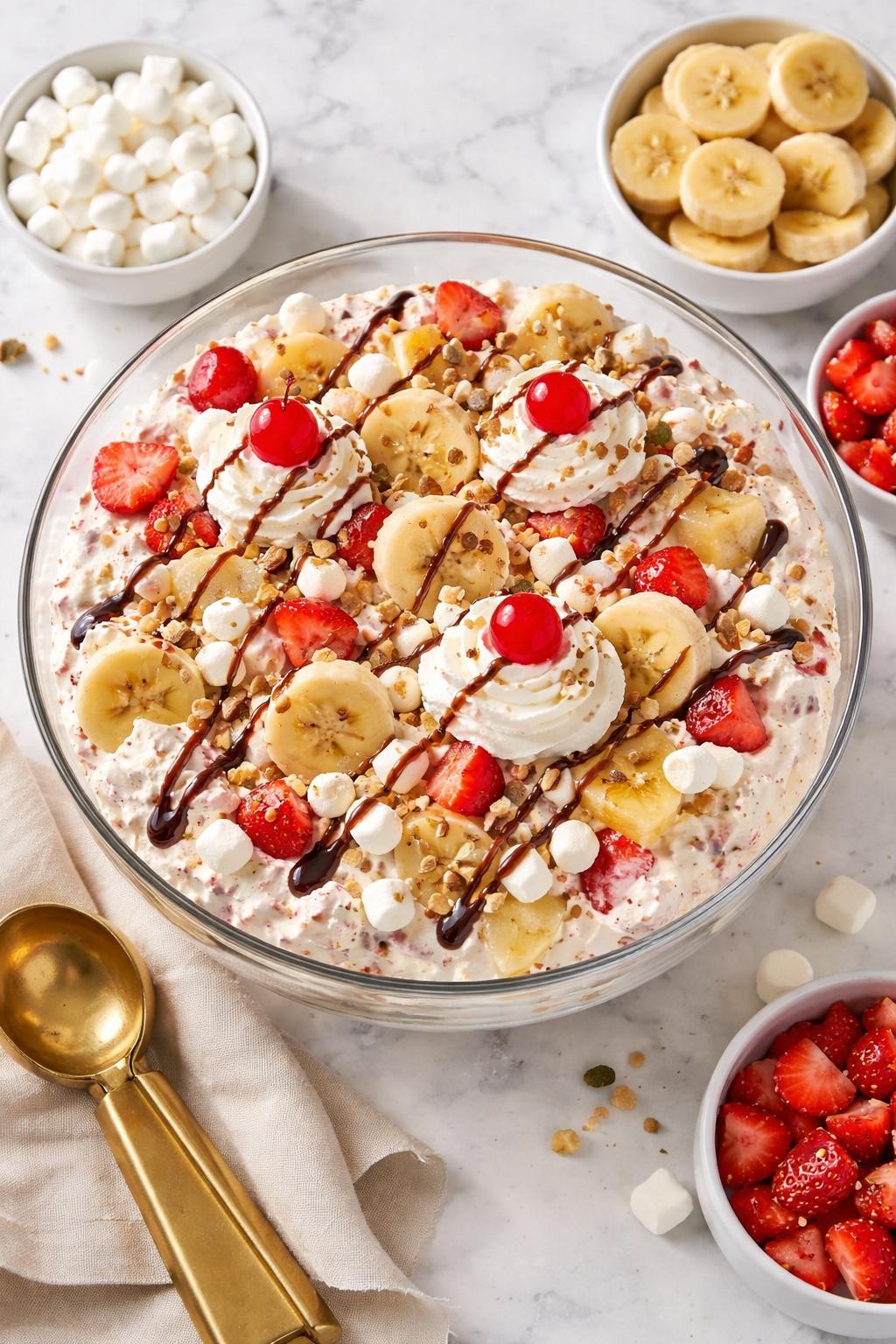 Image Prompt: Realistic top-down editorial food photography of banana split fluff salad in a clear glass serving bowl on a white marble countertop, creamy fluffy salad with banana slices, pineapple, strawberries, mini marshmallows, chocolate drizzle, and whipped topping, fun potluck dessert styling, bright natural daylight, soft shadows, clean editorial composition, high detail, realistic texture, no people, no hands, no text, no watermarks, no props with writing.