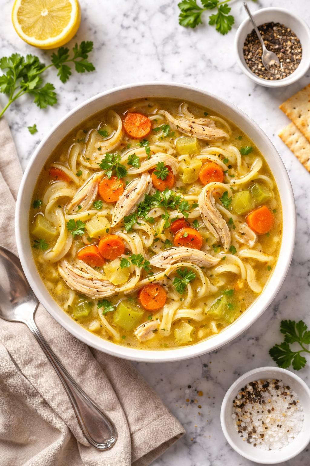 An overheard picture view of a plate of Chicken Noodle Soup with Egg Noodles sitting on a marble countertop table in the kitchen, professional food photography style.
