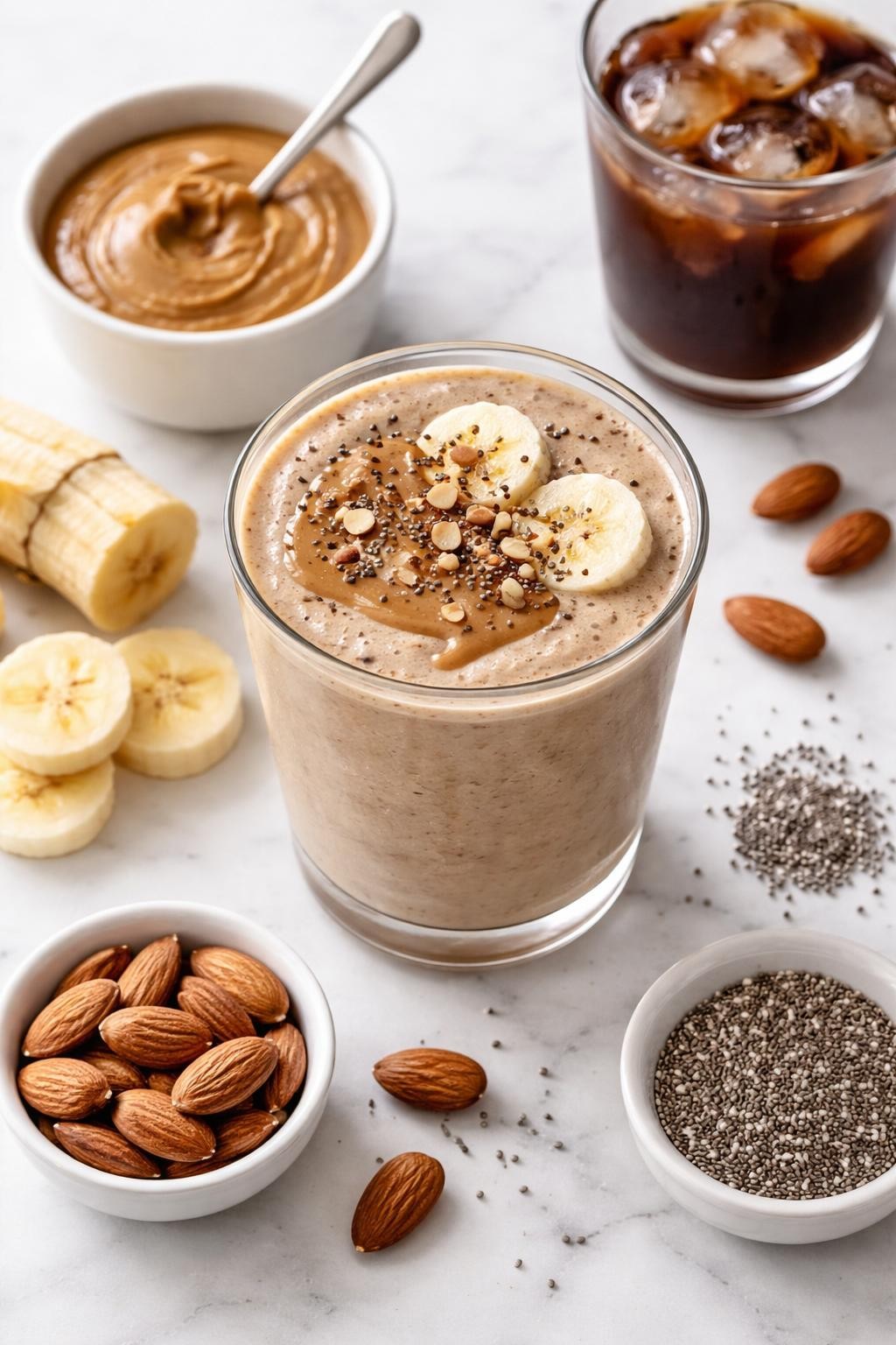 Realistic top-down food photography of a coffee almond butter smoothie served in a clear glass on a clean white marble countertop. The smoothie is creamy beige-brown, thick and smooth, styled with almond butter in a plain dish, cold coffee, banana rounds, almonds, and chia seeds nearby. Soft natural window lighting, clean breakfast snack styling, high detail, realistic creamy texture, no people, no hands, no text, no watermarks, no props with writing.
