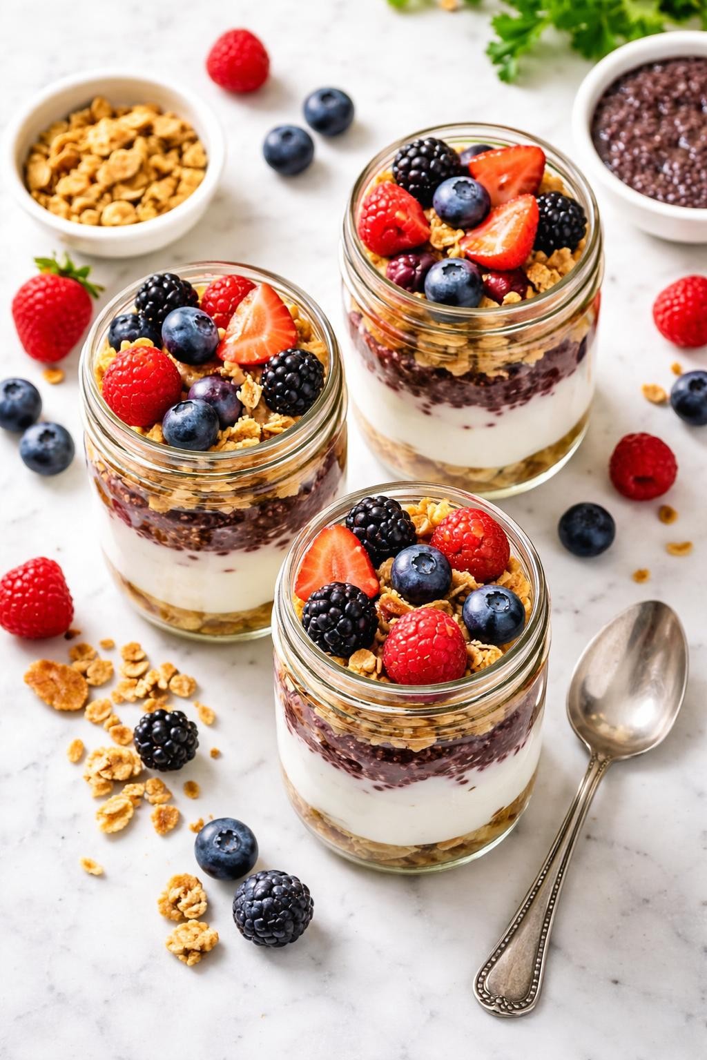 "Top-down realistic shot of three wide-mouth mason jars layered with Greek yogurt, honey, granola, mixed berries, and a thin layer of chia seed jam. A spoon resting beside the jars on a marble countertop. Bright daylight, colorful and crunchy breakfast prep, no people, no hands, no text, no watermarks."
