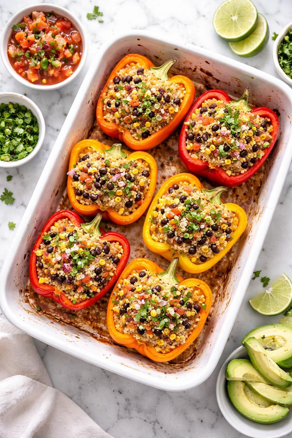 Image Prompt: Top-down realistic food photography of stuffed bell peppers with quinoa on a bright white marble countertop, halved bell peppers filled with quinoa, black beans, tomatoes, corn, and herbs, baked until tender, colorful homemade vegan dinner styling, bright natural daylight, clean editorial composition, high detail, no people, no hands, no text, no watermarks, no props with writing.