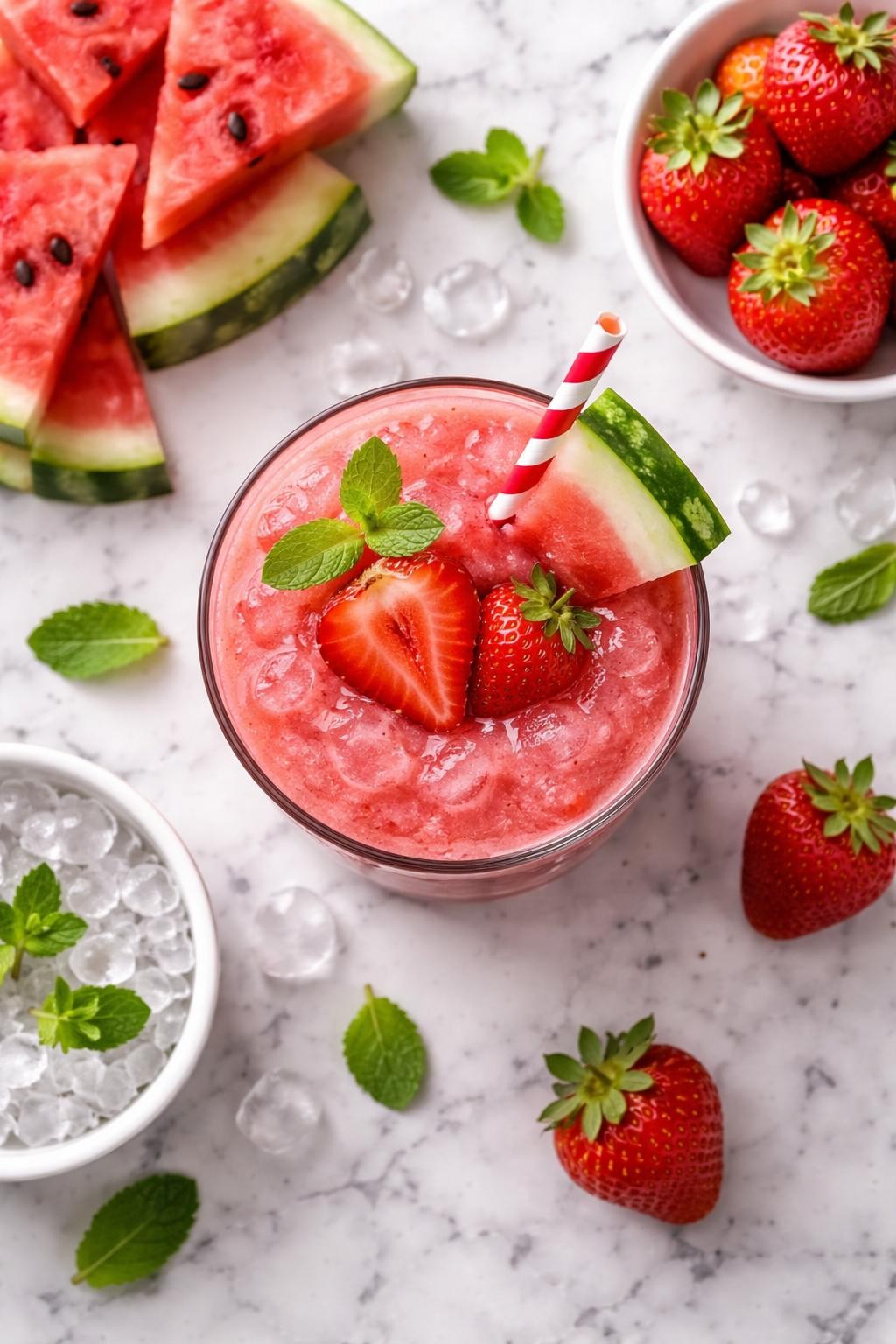 An overheard picture view of a plate of Frozen Watermelon Strawberry Smoothie sitting on a marble countertop table in the kitchen, professional food photography style.