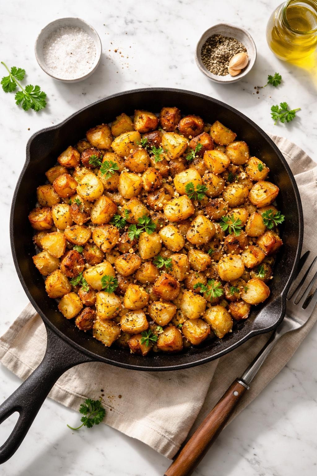Prompt: Top-down realistic editorial food photography of breakfast fried potatoes in a skillet on a clean light marble countertop, diced potatoes cooked until golden brown with crisp edges, herbs and black pepper on top, simple homemade pantry breakfast mood, bright natural daylight, soft shadows, clean composition, high detail, realistic food texture, no people, no hands, no text, no watermarks, no props with writing.