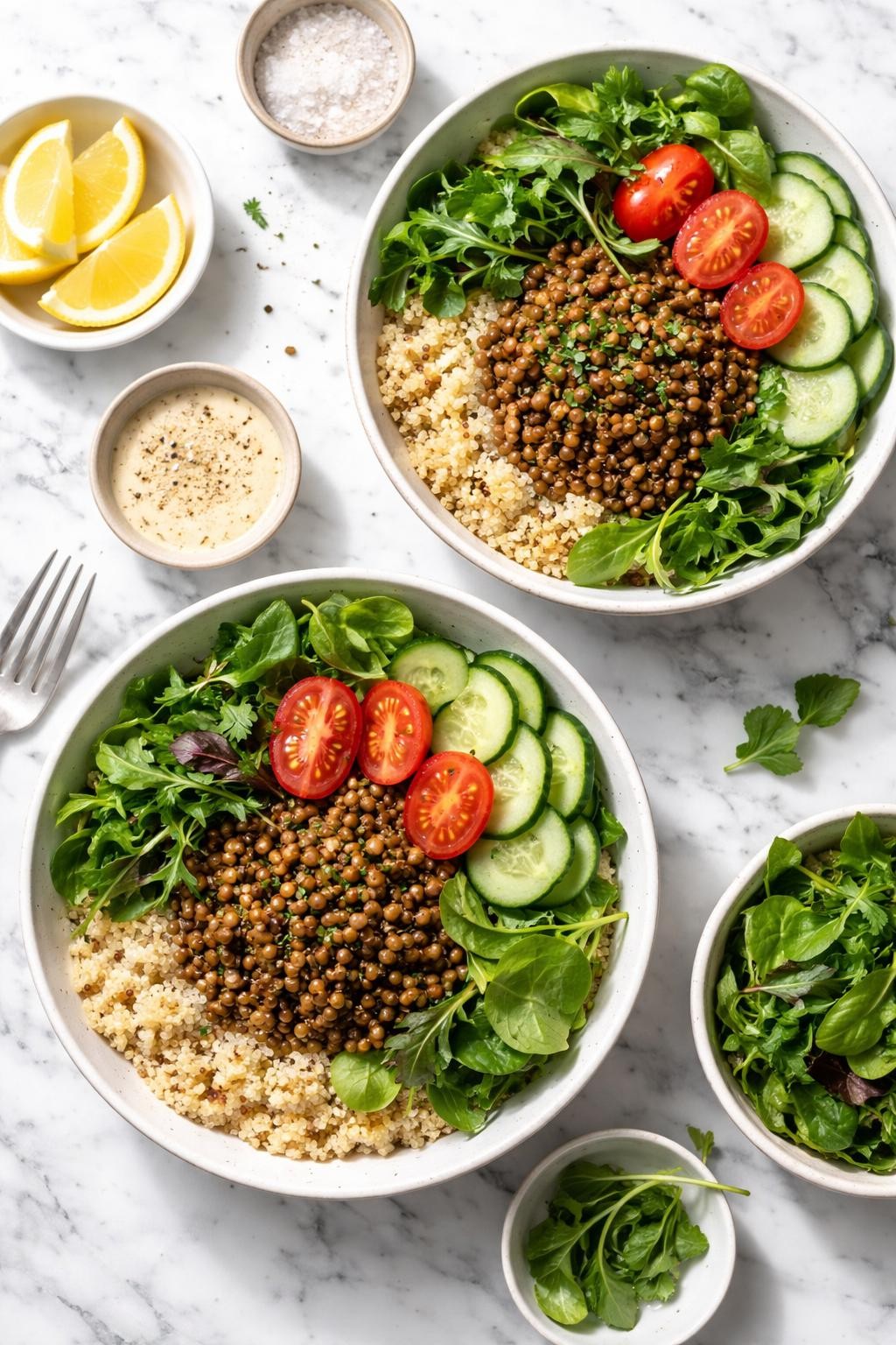 Image Prompt: Top-down realistic editorial food photography of quinoa lentil bowls with greens on a clean white and gray marble countertop, fluffy quinoa topped with cooked lentils, leafy greens, sliced cucumber, and tomatoes, wholesome homemade vegan dinner styling, bright natural light, soft shadows, high detail, no people, no hands, no text, no watermarks, no props with writing.