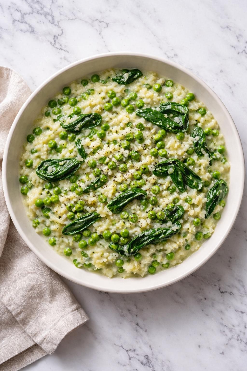 Image Prompt: Top-down realistic editorial food photography of spinach and pea vegan risotto on a clean white and gray marble countertop, creamy green-flecked arborio rice with tender peas and wilted spinach in a glossy dairy-free finish, fresh homemade dinner styling, bright natural light, soft shadows, high detail, realistic texture, no people, no hands, no text, no watermarks, no props with writing.