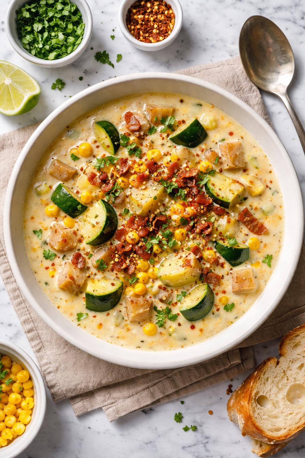 An overheard picture view of a plate of Zucchini and Corn Chowder sitting on a marble countertop table in the kitchen, professional food photography style.