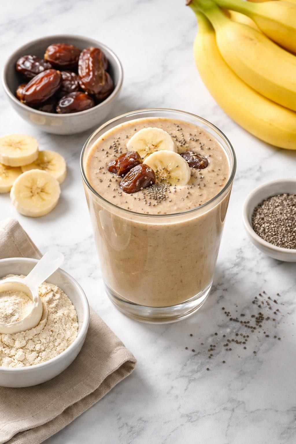 Realistic top-down editorial food photography of a banana date protein smoothie in a clear glass on a clean white and gray marble countertop. The smoothie is pale caramel beige, thick, smooth, and creamy, styled with pitted dates, banana slices, a small scoop of plain protein powder in a simple bowl, almond milk, and chia seeds nearby. Bright natural daylight, clean healthy breakfast smoothie styling, realistic texture, high detail, no people, no hands, no text, no watermarks, no props with writing.
