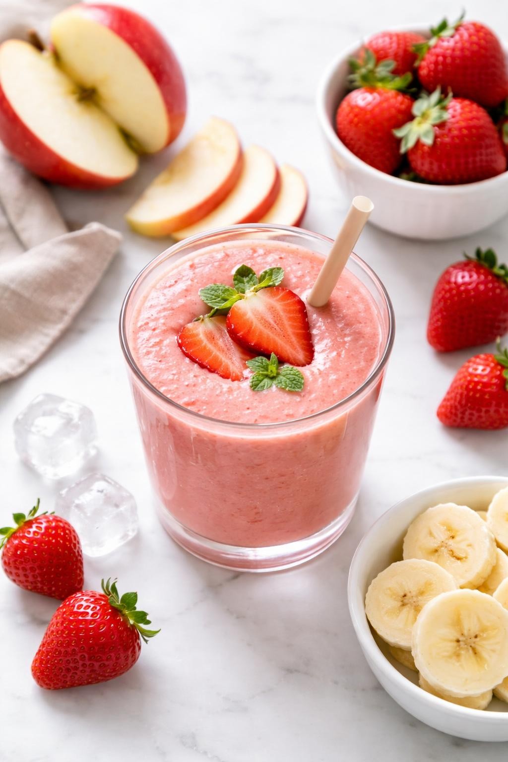 Realistic top-down food photography of an apple strawberry smoothie served in a clear glass on a clean white marble countertop. The smoothie is soft pink and creamy, with apple slices, fresh strawberries, banana rounds, and a few ice cubes styled neatly nearby. Bright natural daylight, clean fruity breakfast styling, realistic smoothie texture, high detail, no people, no hands, no text, no watermarks, no props with writing.