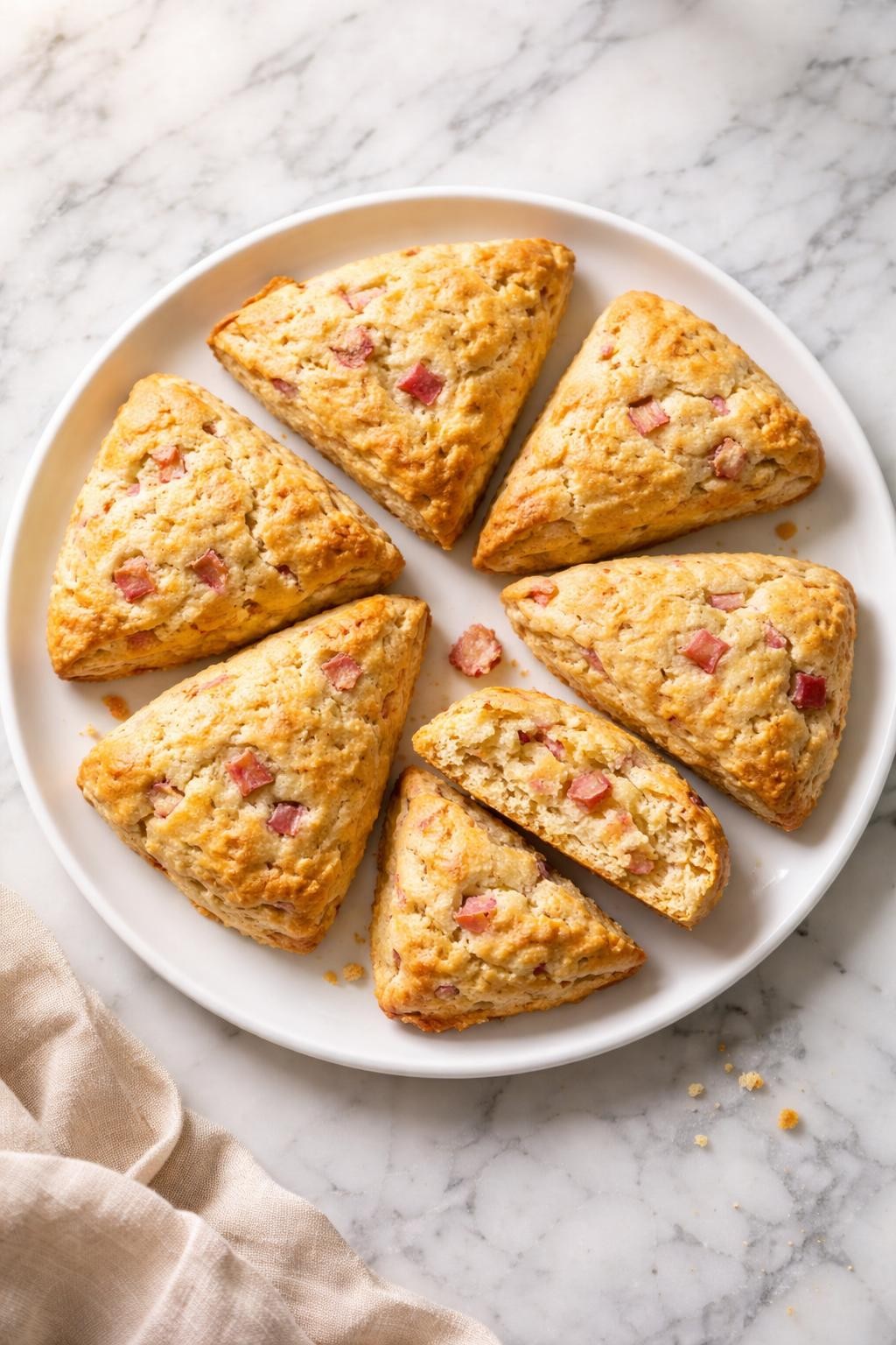Image Prompt: Top-down realistic editorial food photography of homemade vegan rhubarb scones on a white plate over a light marble countertop, golden triangular scones with small pink rhubarb pieces inside, one split open to show the soft crumb, bright natural daylight, cozy bakery breakfast mood, no people, no hands, no text, no watermarks, no props with writing.
