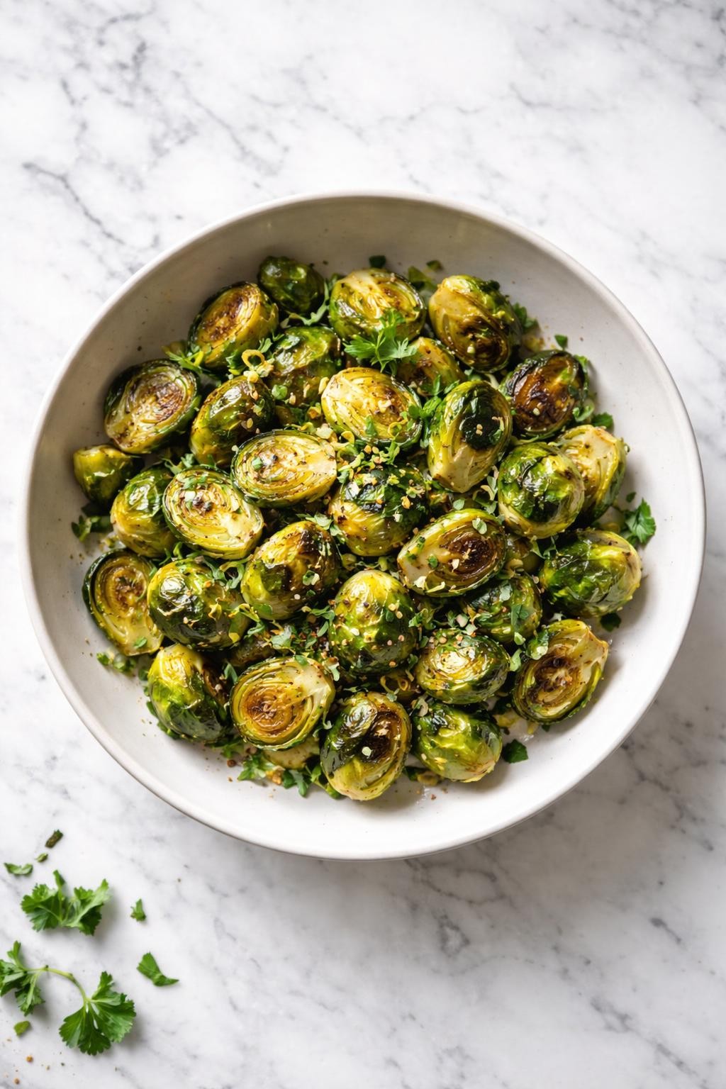 Image Prompt: Top-down realistic editorial food photography of homemade lemon herb Brussels sprouts on a clean white and gray marble countertop, roasted Brussels sprouts tossed with fresh herbs and lemon zest in a simple serving bowl, bright fresh homemade side dish mood, natural window lighting, soft shadows, high detail, no people, no hands, no text, no watermarks, no props with writing.