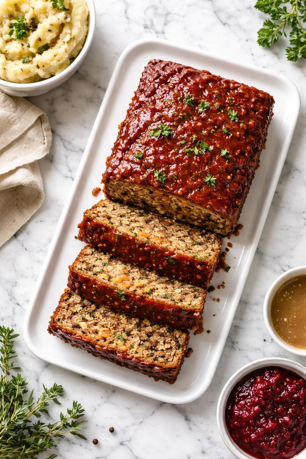 Image Prompt: Top-down realistic editorial food photography of vegan lentil loaf on a clean white and gray marble countertop, sliced savory loaf made with lentils, oats, carrots, onions, and herbs with a glossy tomato glaze on top, cozy homemade Thanksgiving dinner styling, bright natural window lighting, soft shadows, clean composition, high detail, realistic food texture, no people, no hands, no text, no watermarks, no props with writing.