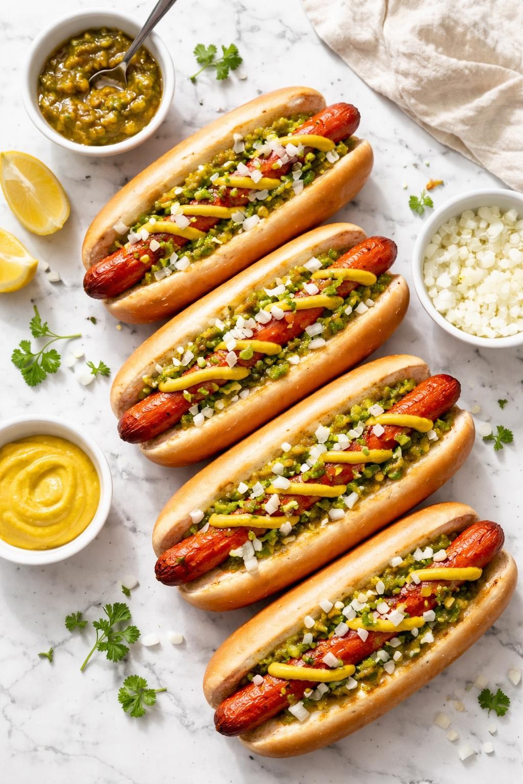 Image Prompt: Top-down realistic food photography of smoky maple carrot hot dogs on a bright white marble countertop, roasted whole carrots tucked into soft buns and topped with mustard, relish, and chopped onions, glossy savory glaze visible on the carrots, casual homemade lunch styling, soft natural daylight, clean editorial composition, high detail, realistic texture, no people, no hands, no text, no watermarks, no props with writing.