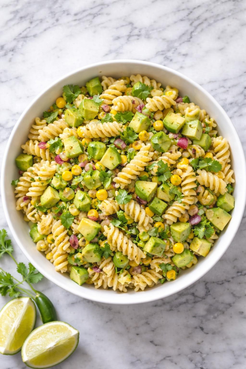 Image Prompt: Top-down realistic editorial food photography of a homemade vegan avocado pasta salad on a clean white and gray marble countertop, pasta mixed with diced avocado, cucumber, corn, red onion, and lime dressing in a bright simple bowl, fresh homemade meal mood, natural window lighting, soft shadows, high detail, no people, no hands, no text, no watermarks, no props with writing.