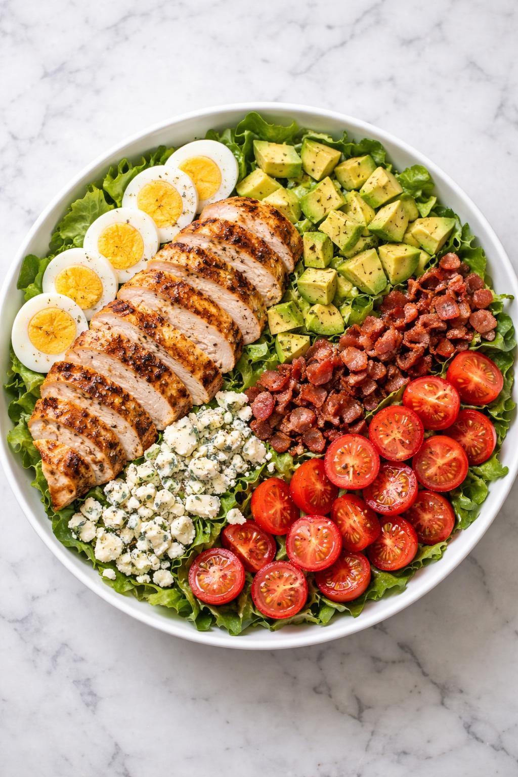 Image Prompt: Realistic top-down editorial food photography of a grilled chicken Cobb salad arranged neatly in rows inside a large white bowl on a marble countertop, sliced grilled chicken with lettuce, boiled eggs, avocado, bacon pieces, cherry tomatoes, and blue cheese, bright natural lighting, clean editorial food styling, high detail, no people, no hands, no text, no watermarks, no props with writing.