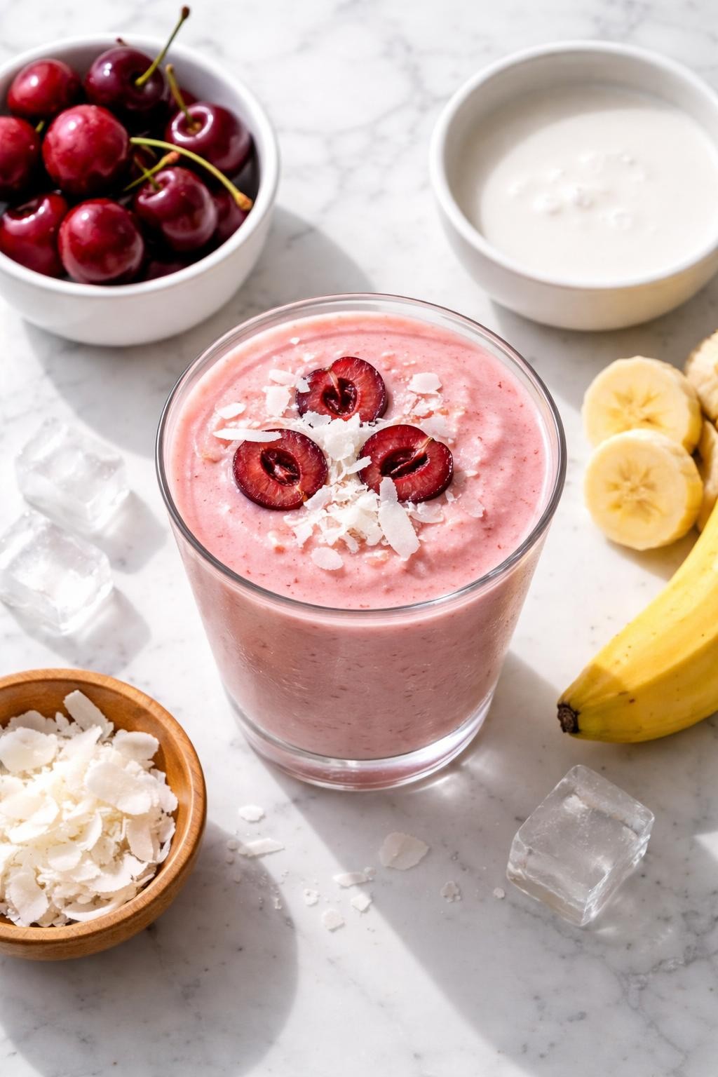 Realistic top-down editorial food photography of a cherry coconut smoothie served in a clear glass on a clean white marble countertop. The smoothie is soft cherry pink, creamy, thick, and smooth, styled with pitted cherries, coconut flakes, coconut milk in a plain bowl, banana slices, and a few ice cubes nearby. Bright natural daylight, clean tropical smoothie styling, realistic creamy texture, high detail, no people, no hands, no text, no watermarks, no props with writing.