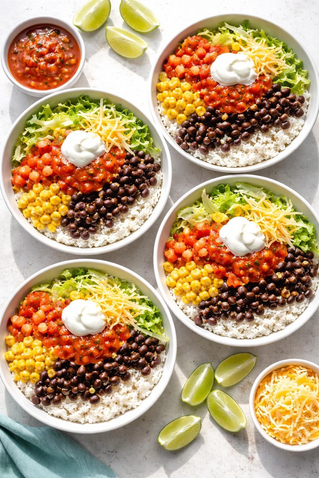 "Overhead realistic photo of four bowls filled with white rice, seasoned black beans, shredded lettuce, diced tomatoes, corn, and a scoop of salsa. A sprinkle of shredded cheese and a dollop of sour cream on top. Lime wedges on the side. Bright natural light, customizable and cheap family meal, no people, no hands, no text, no watermarks."