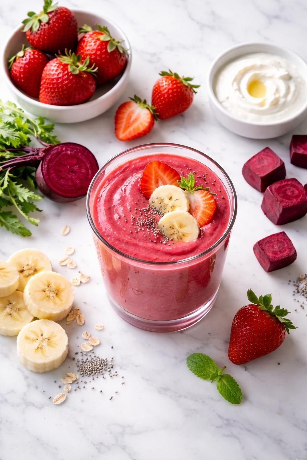 Realistic top-down editorial food photography of a beet strawberry smoothie served in a clear glass on a clean white marble countertop. The smoothie is bright pink-red, thick, smooth, and creamy, styled with strawberries, beet cubes, banana slices, and a small plain bowl of yogurt nearby. Bright natural window lighting, clean fruity breakfast styling, realistic creamy texture, high detail, no people, no hands, no text, no watermarks, no props with writing.