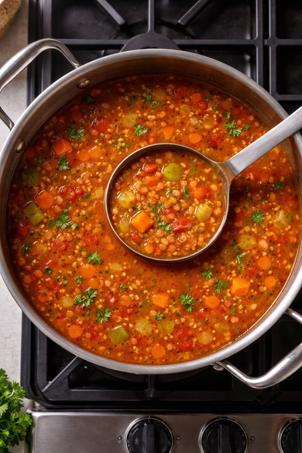 "Top-down realistic shot of a large pot of red lentil soup on a stovetop, showing orange-red broth with lentil pieces, carrot cubes, and celery bits. A ladle resting in the pot. Soft kitchen light, hearty freezer soup, no people, no hands, no text, no watermarks."