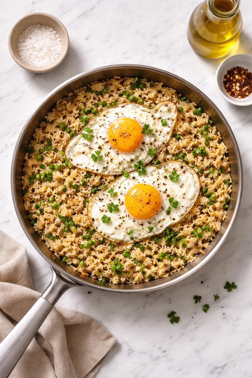 Prompt: Top-down realistic editorial food photography of a rice and egg skillet on a clean white marble countertop, fluffy rice topped with fried eggs, herbs, and black pepper in a simple skillet, warm homemade pantry meal mood, bright natural daylight, soft shadows, clean composition, high detail, realistic food texture, no people, no hands, no text, no watermarks, no props with writing.