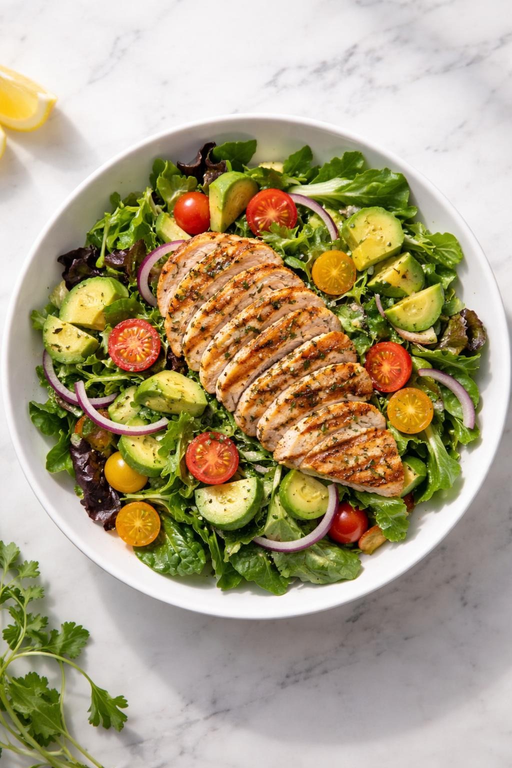 Image Prompt: Realistic top-down editorial food photography of a grilled chicken avocado salad in a wide white bowl on a clean marble countertop, sliced grilled chicken over mixed greens with avocado, cucumber, cherry tomatoes, and red onion, simple lemon dressing, bright natural window light, soft shadows, clean healthy meal styling, no people, no hands, no text, no watermarks, no props with writing.
