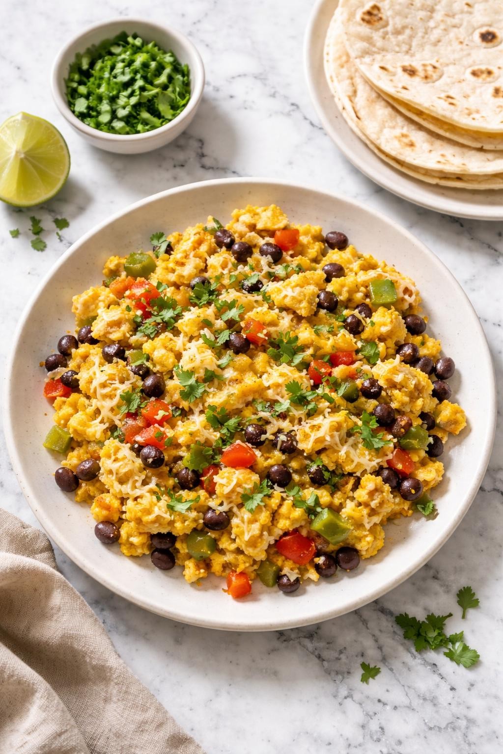 Image Prompt: Realistic top-down editorial food photography of a high protein Mexican egg scramble on a clean white and gray marble countertop, fluffy scrambled eggs with black beans, diced peppers, onions, cheese, and chopped cilantro, warm natural light, simple homemade breakfast mood, no people, no hands, no text, no watermarks, no props with writing.