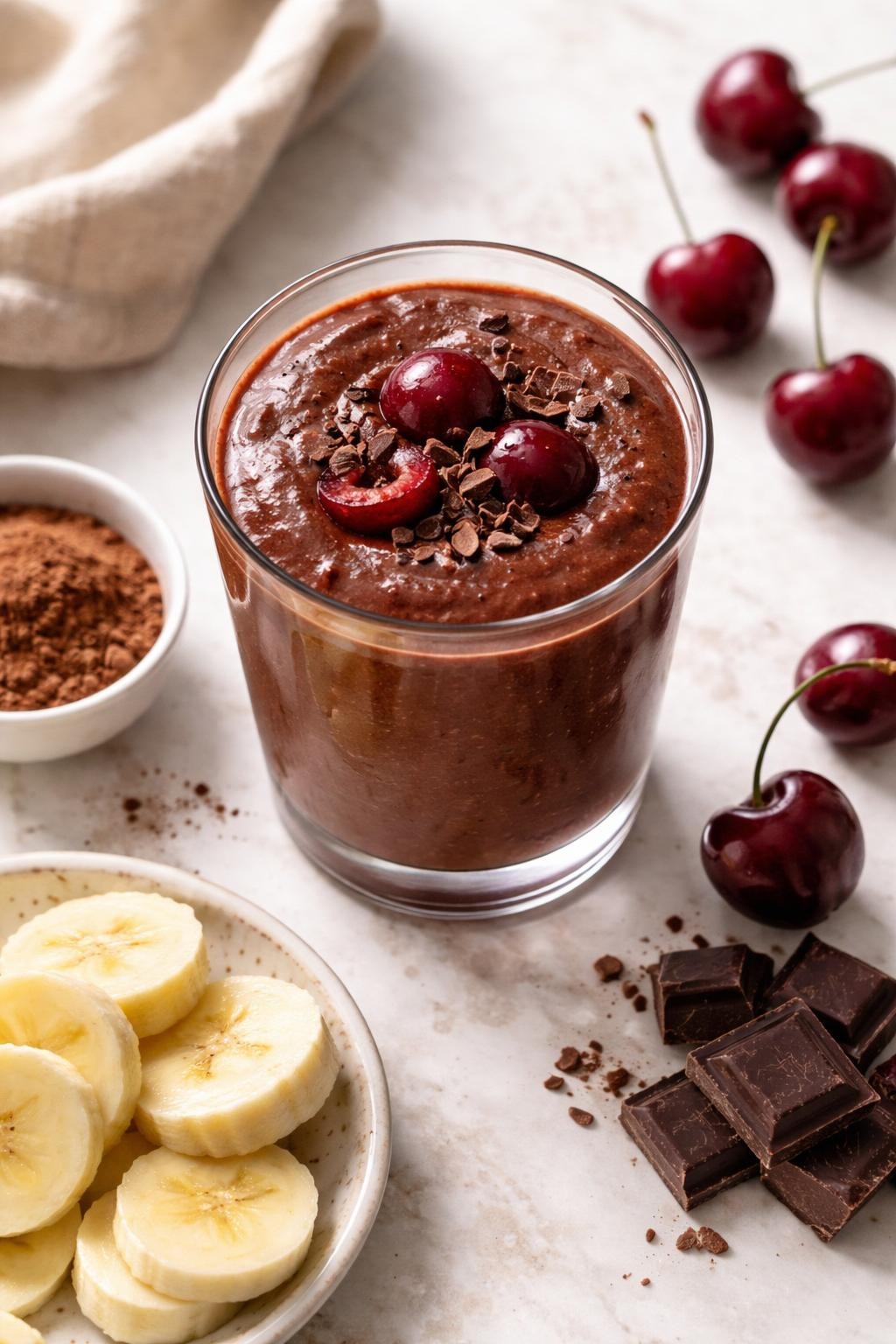 Realistic top-down editorial food photography of a chocolate cherry smoothie in a clear glass on a light marble countertop. The smoothie is dark chocolate red-brown, thick, glossy, and creamy, styled with pitted cherries, cocoa powder in a plain small bowl, banana slices, and a few dark chocolate pieces nearby. Soft natural daylight, clean dessert smoothie styling, realistic thick texture, high detail, no people, no hands, no text, no watermarks.