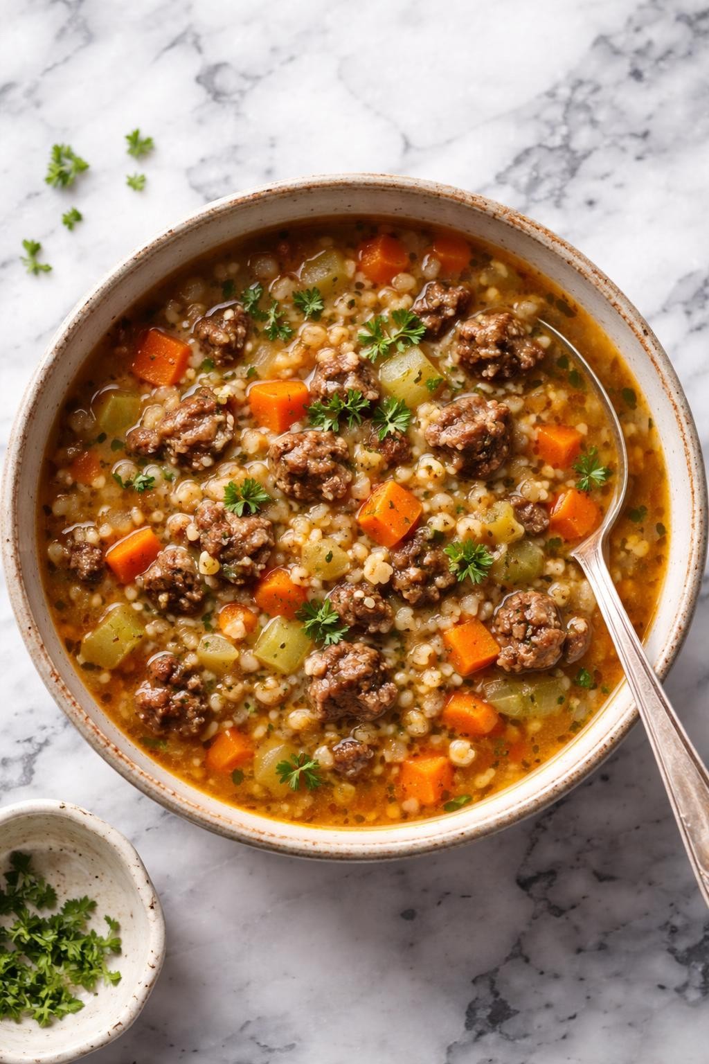 Image Prompt: Realistic top-down editorial food photography of hamburger barley soup in a rustic bowl on a clean white and gray marble countertop, savory broth with browned ground beef, pearl barley, carrots, celery, onions, and herbs, hearty homemade soup styling, bright natural window lighting, soft shadows, no people, no hands, no text, no watermarks, no props with writing.