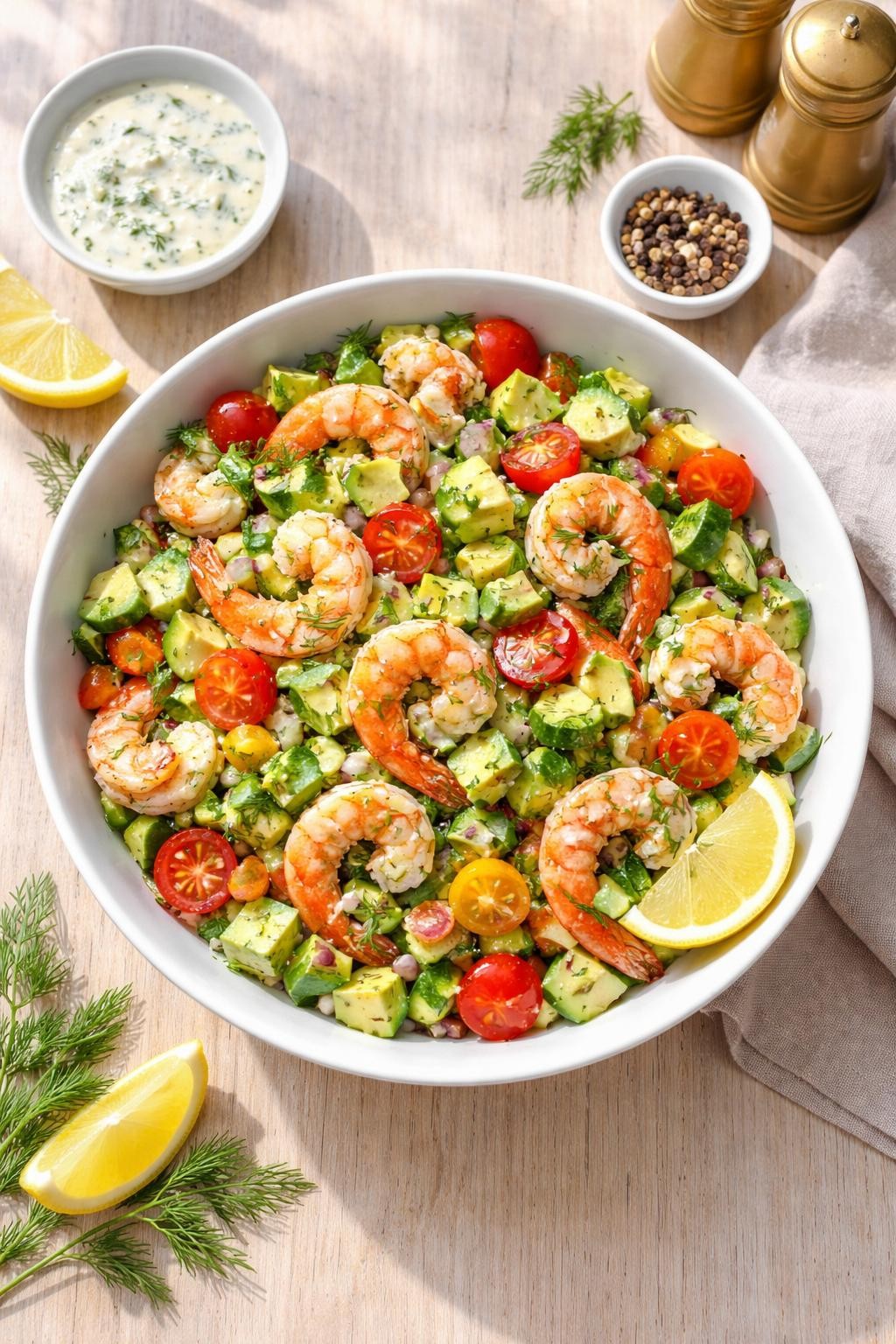 "Realistic top-down food photography of a large white bowl filled with cucumber avocado shrimp salad on a light wood table. The salad contains cooked shrimp, diced cucumber, avocado chunks, cherry tomatoes, red onion, and a creamy dill dressing. A lemon wedge on the side. Bright outdoor light, fresh and filling no-cook lunch, no people, no hands, no text, no watermarks."
