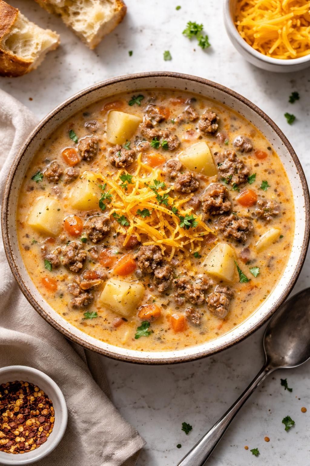 Image Prompt: Realistic top-down editorial food photography of beefy potato soup on a white marble countertop, thick savory soup with ground beef, soft potato chunks, onions, and melted cheese, served in a rustic bowl with a cozy homemade feel, bright natural light, soft shadows, no people, no hands, no text, no watermarks, no props with writing.