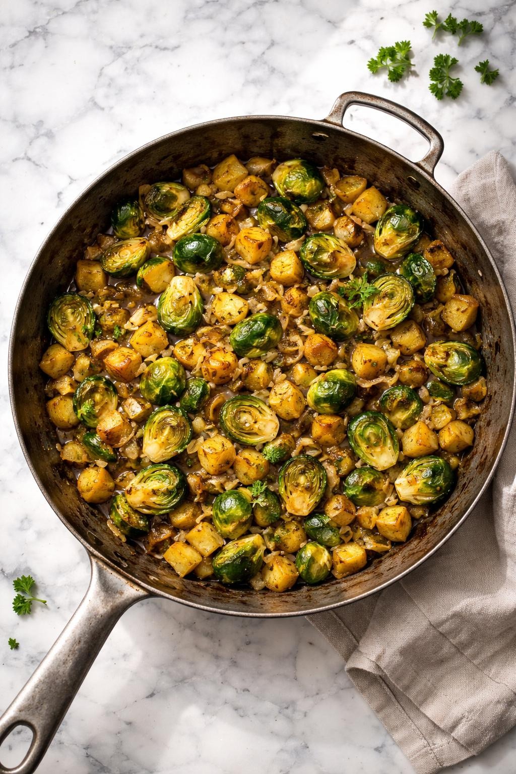 Image Prompt: Top-down realistic editorial food photography of a homemade vegan Brussels sprout and potato hash on a clean white and gray marble countertop, golden diced potatoes cooked with sliced Brussels sprouts and onions in a rustic skillet, warm hearty homemade meal mood, bright natural window lighting, soft shadows, high detail, no people, no hands, no text, no watermarks, no props with writing.