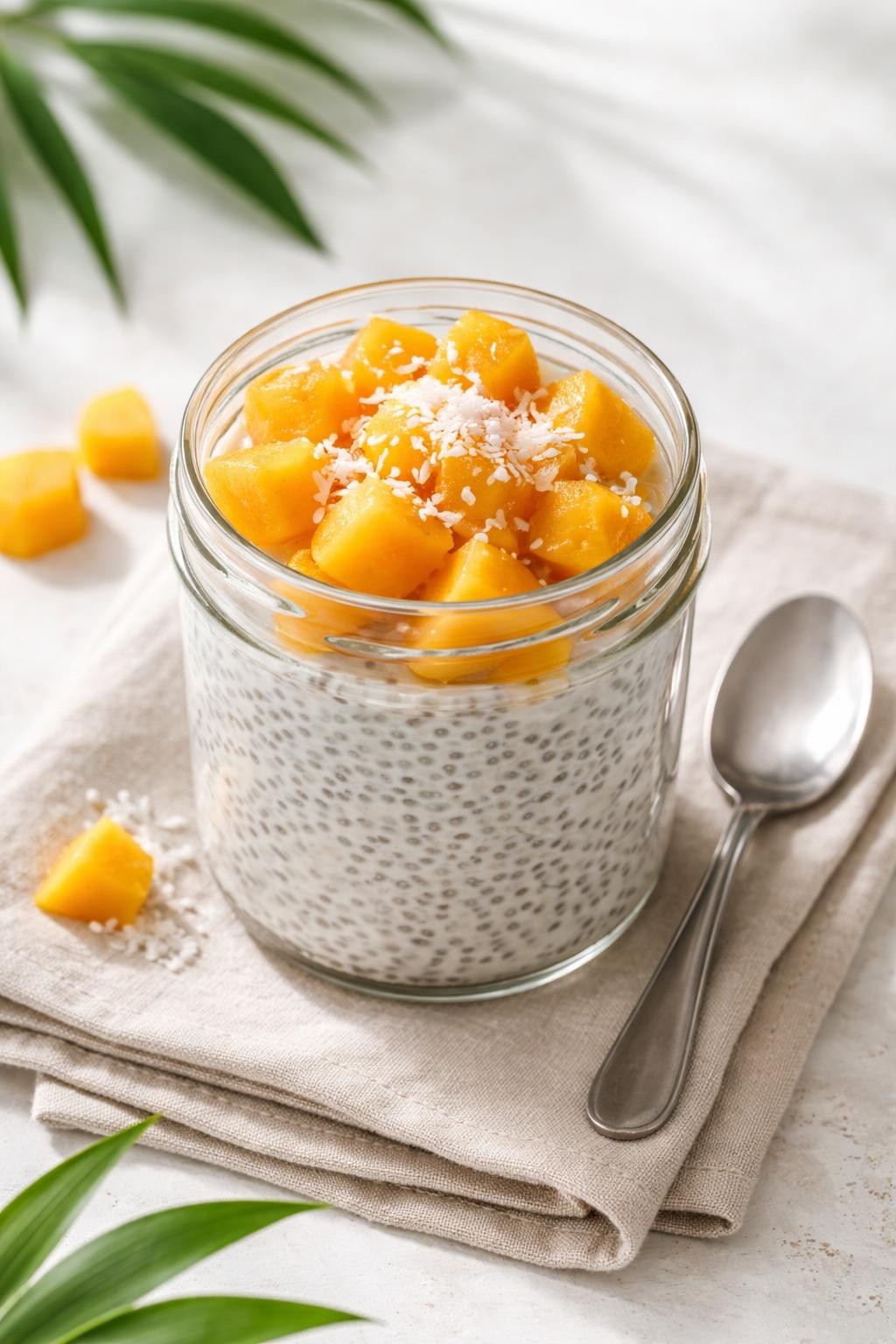 Photo prompt: Realistic top-down editorial food photography of a clear glass jar filled with white chia pudding, layered with bright orange mango chunks and a dusting of shredded coconut. The pudding has a smooth, gel-like texture with tiny black chia seeds visible throughout. A small spoon rests on a linen napkin next to the jar. Soft window light, clean and tropical breakfast mood, no people, no hands, no text, no watermarks, no props with writing.