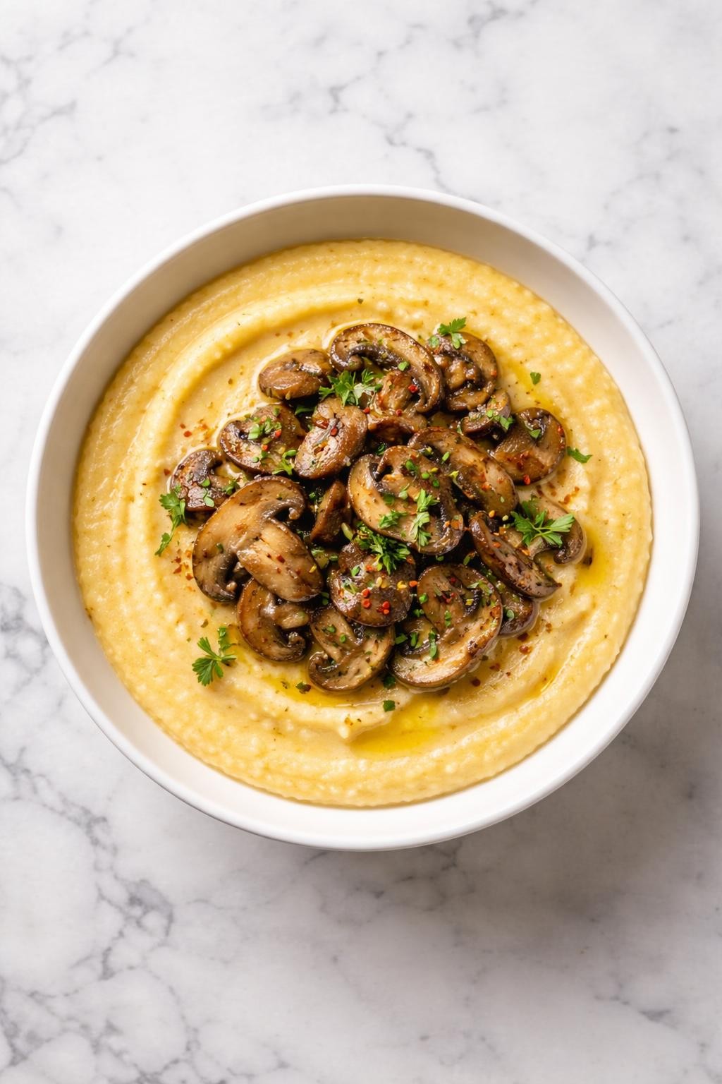 Image Prompt: Top-down realistic editorial food photography of creamy vegan grits in a white bowl on a clean marble countertop, smooth golden grits topped with sautéed mushrooms and herbs, warm natural daylight, elegant comfort food breakfast or dinner mood, no people, no hands, no text, no watermarks, no props with writing.