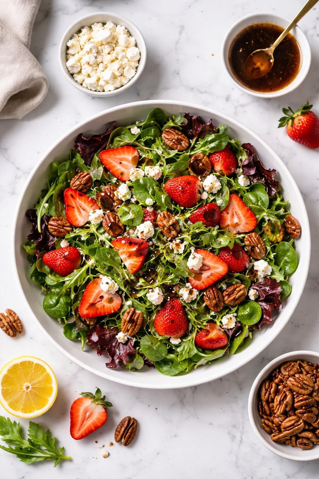 Image Prompt: Realistic top-down editorial food photography of a strawberry feta spring mix salad on a white marble countertop, filled with fresh spring mix, sliced strawberries, crumbled feta cheese, candied pecans, and light balsamic dressing, bright spring homemade meal styling, soft natural daylight, clean editorial composition, high detail, realistic texture, no people, no hands, no text, no watermarks, no props with writing.