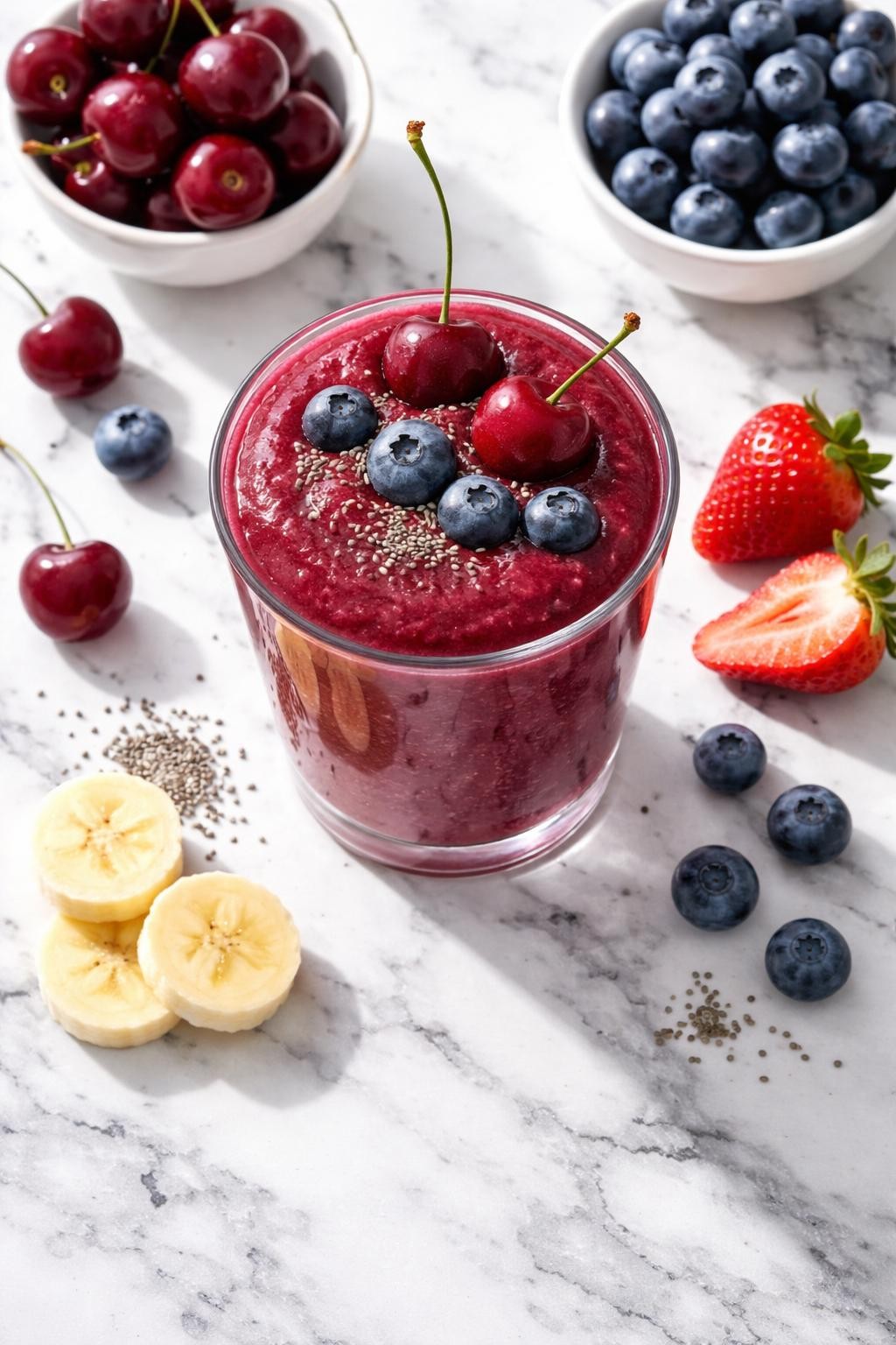 Realistic top-down food photography of a cherry berry smoothie served in a clear glass on a clean white and gray marble countertop. The smoothie is deep red-purple, thick, smooth, and cold-looking, styled with pitted cherries, blueberries, strawberries, banana slices, and chia seeds nearby. Bright natural window lighting, clean berry smoothie styling, high detail, realistic smoothie texture, no people, no hands, no text, no watermarks, no props with writing.