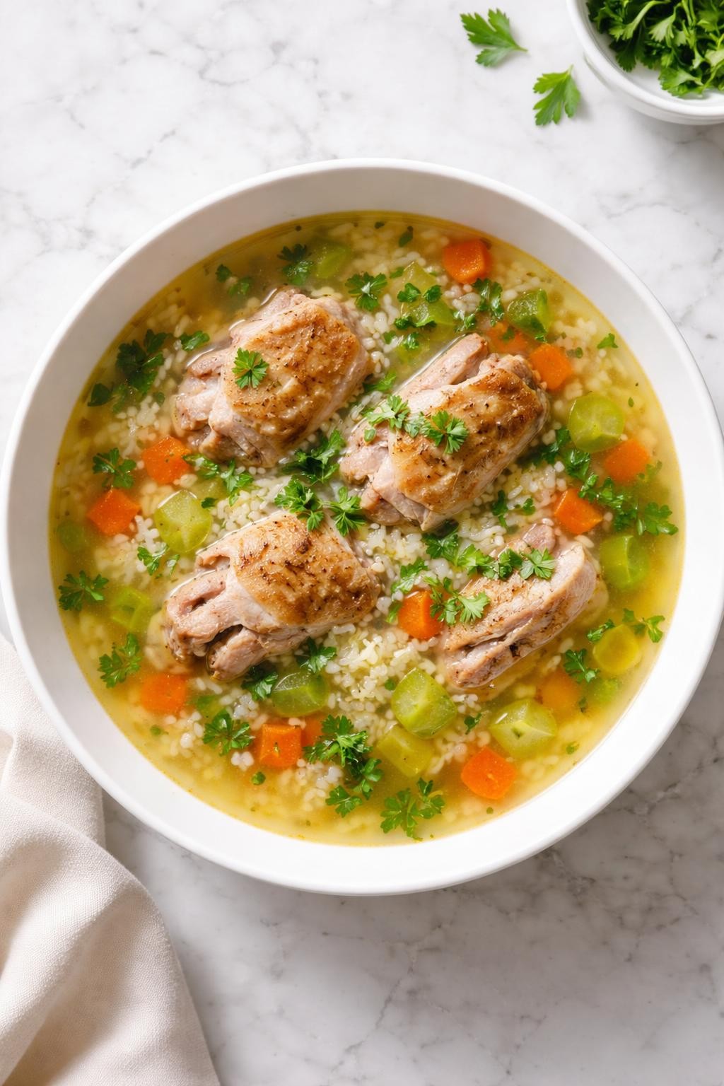 Image Prompt: Realistic top-down editorial food photography of chicken thigh rice soup in a wide white bowl on a white marble countertop, clear golden broth with tender chicken thighs, soft rice, carrots, celery, and parsley, simple comforting dinner mood, bright natural light, no people, no hands, no text, no watermarks, no props with writing.