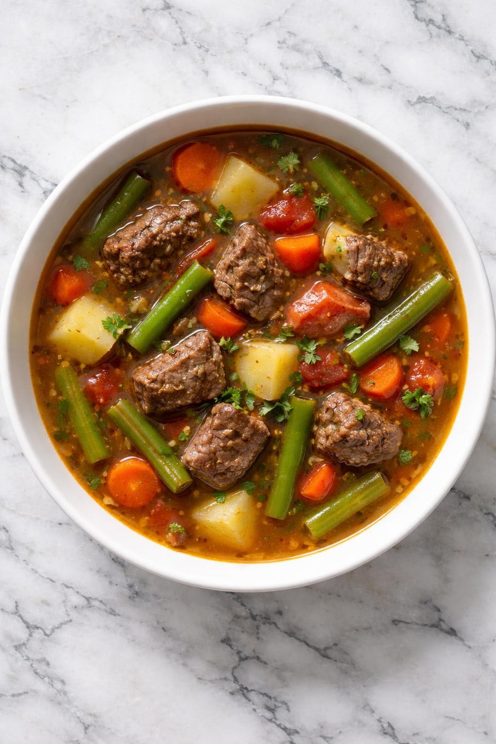 Image Prompt: Top-down realistic editorial food photography of vegetable beef soup with green beans in a simple white bowl on a clean white and gray marble countertop, savory broth with beef chunks, green beans, carrots, potatoes, and tomatoes, homemade dinner styling, bright natural window lighting, soft shadows, high detail, no people, no hands, no text, no watermarks, no props with writing.