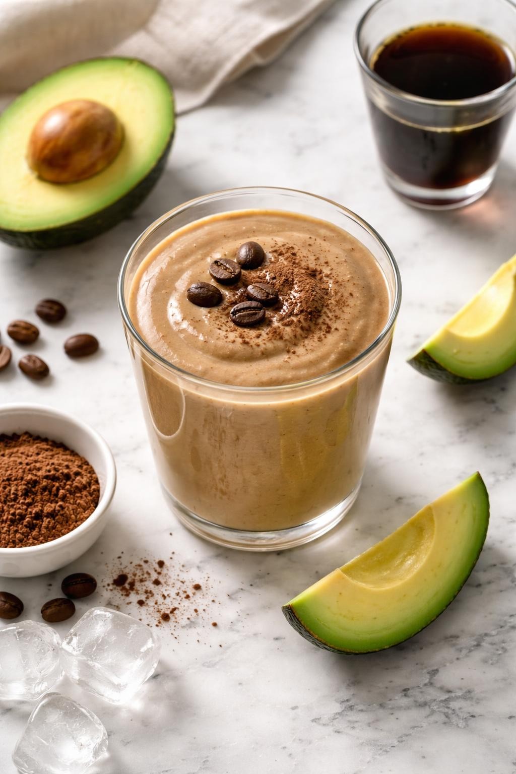 Realistic top-down editorial food photography of a coffee avocado smoothie served in a clear glass on a clean white and gray marble countertop. The smoothie is light mocha brown, thick, creamy, and silky, styled with avocado slices, cold coffee, cocoa powder in a plain bowl, and a few ice cubes nearby. Soft natural daylight, clean creamy breakfast styling, realistic silky texture, high detail, no people, no hands, no text, no watermarks, no props with writing.