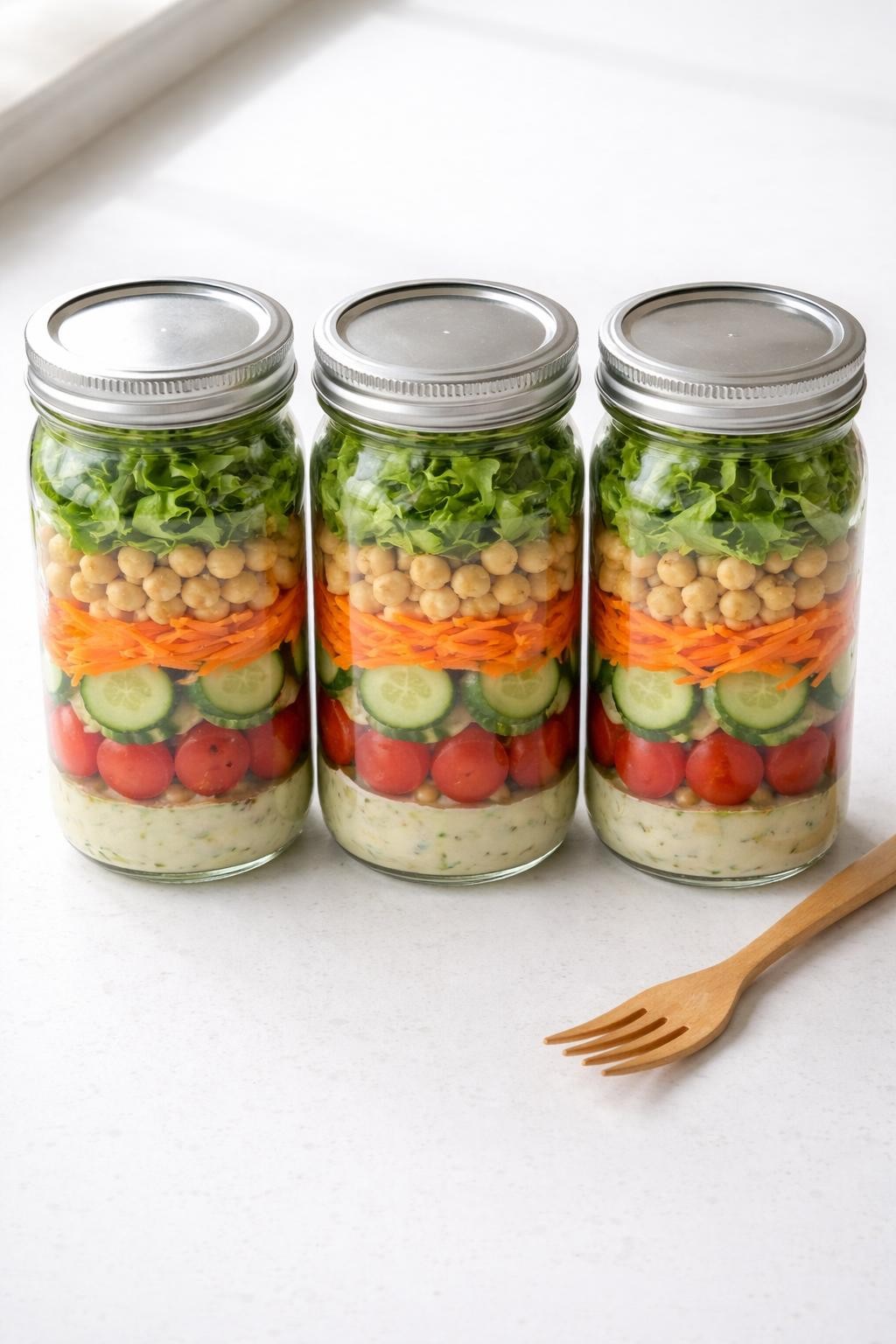 Prompt: Realistic top-down editorial food photography of three glass mason jars lined up on a white countertop, each filled with layered salad ingredients: dressing at the bottom, then cherry tomatoes, cucumber slices, shredded carrots, chickpeas, and chopped romaine lettuce on top. The jars have silver lids. A wooden fork rests beside them. Soft natural light, clean and organized meal prep aesthetic, no people, no hands, no text, no watermarks, no props with writing.